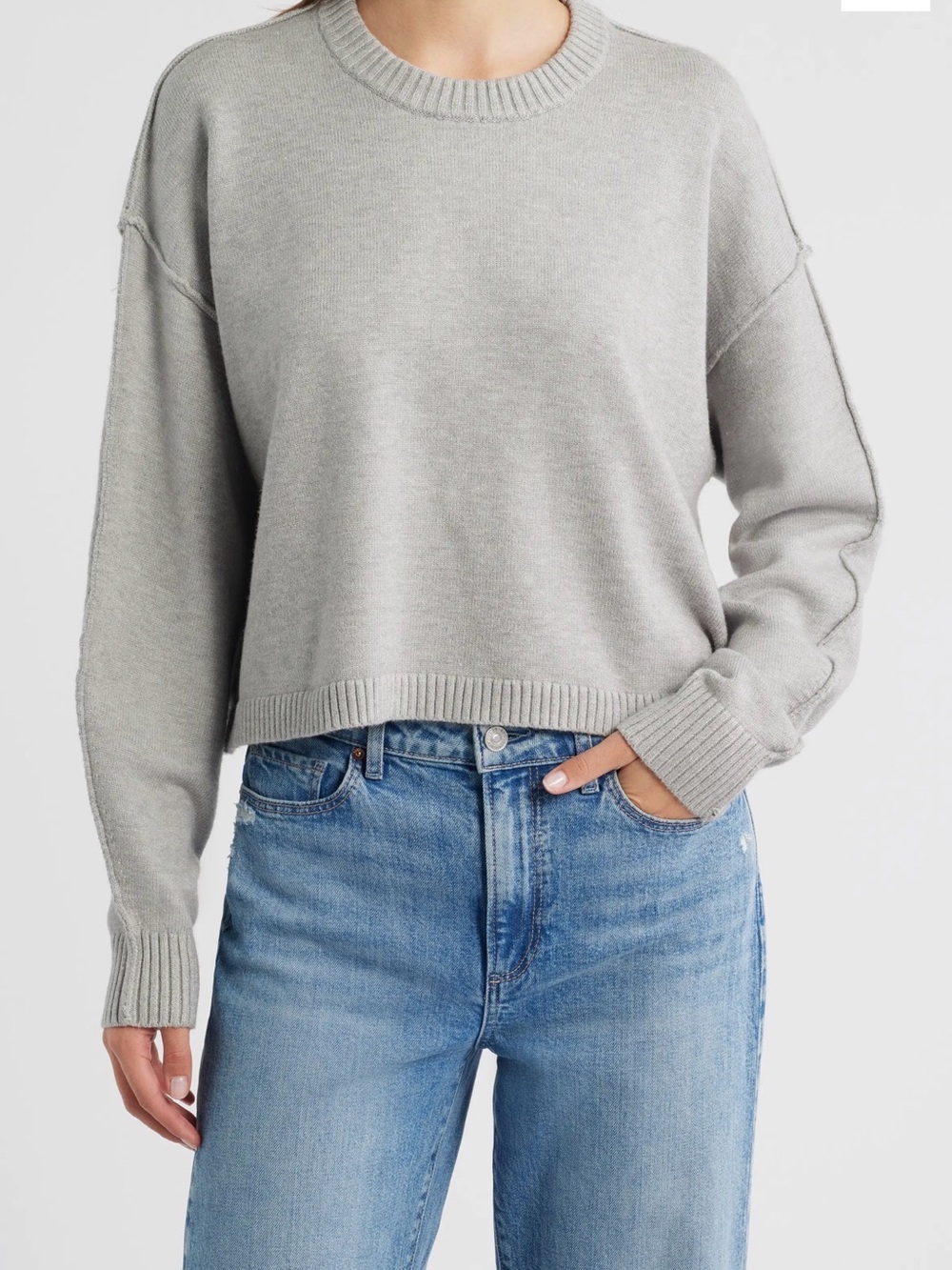 Good American Classic Crewneck Women's Sweater in Light Gray Crop Soft